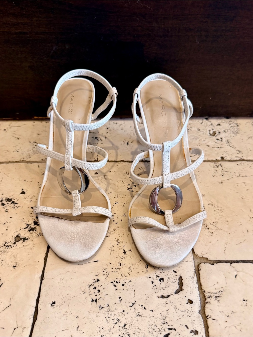 Marc Fisher White Leather T-Strap Sandals with Silver Ring Accent
